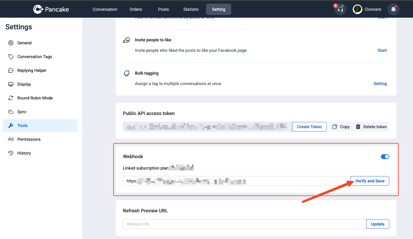 Webhook URL configuration screen in Pancake