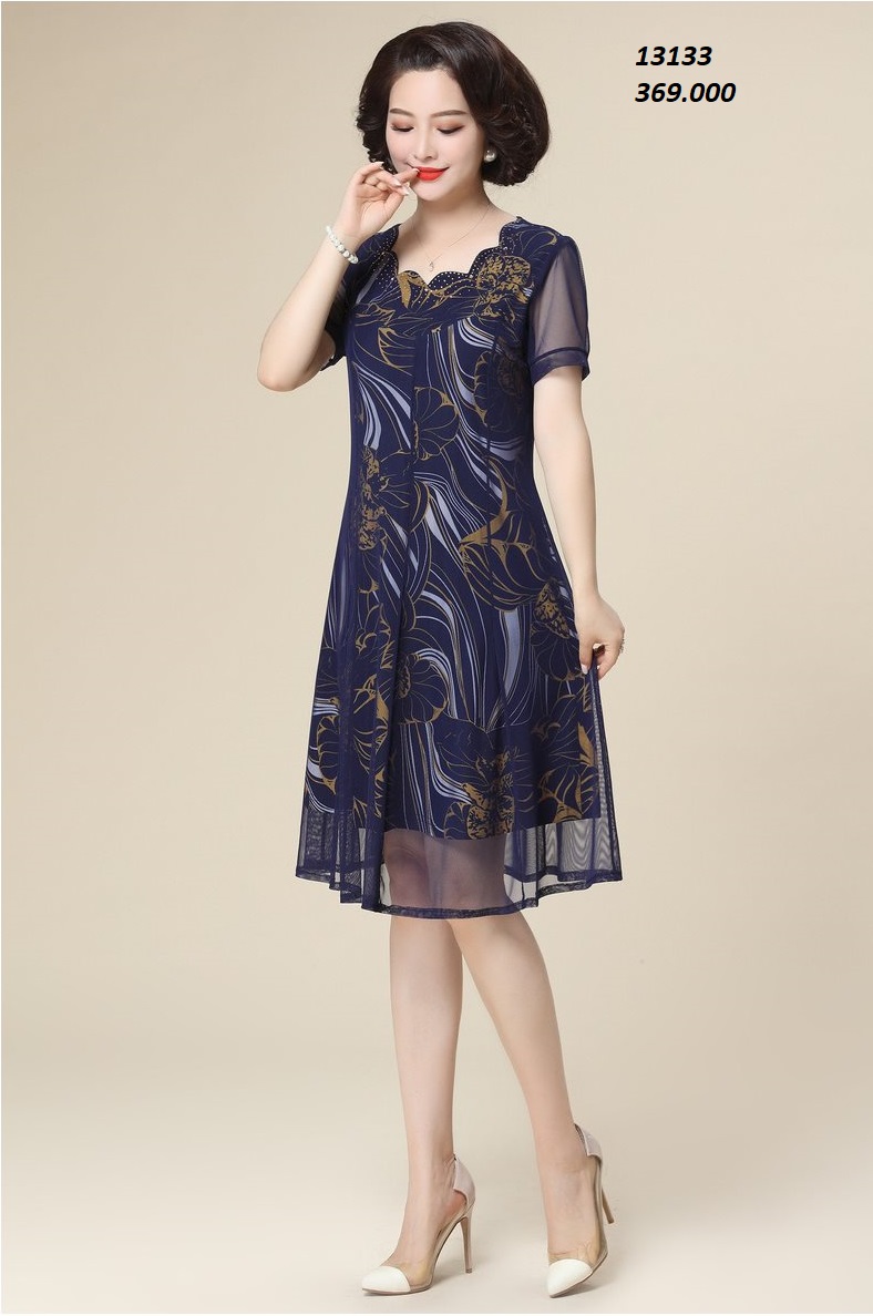 13133-Đầm xòe in hoa phối lưới cổ gợn sóng cách điệu tà ghép 8 mảnh_thumbnail_1