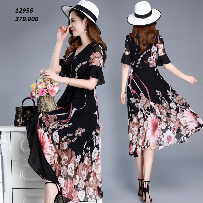 12956-Đầm xòe hoa cách điệu phối bèo ngang eo_thumbnail_0