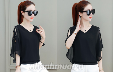 Áo kiểu tay tiên vai đan dây cổ tim duyên dáng - 11964