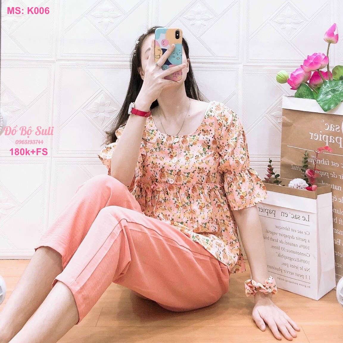 K006 Bộ 9 tấc áo lụa bông quần đũi kèm cột tóc 40-57kg