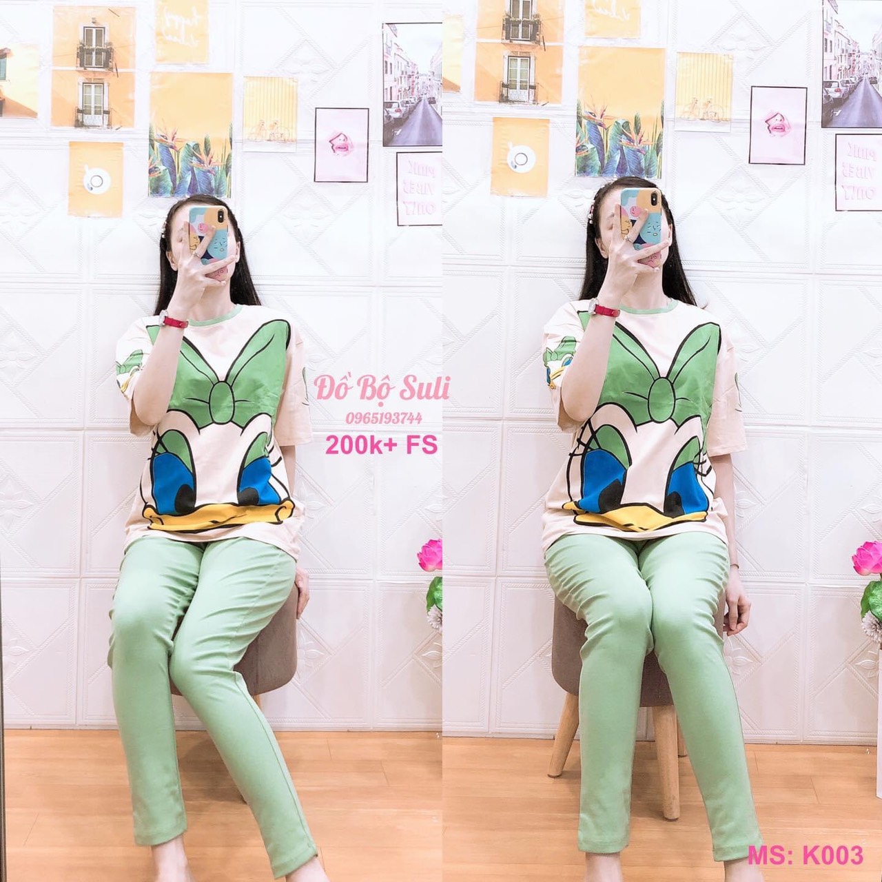 K003 Bộ dài thun cotton hình vịt to trên áo 45-65kg