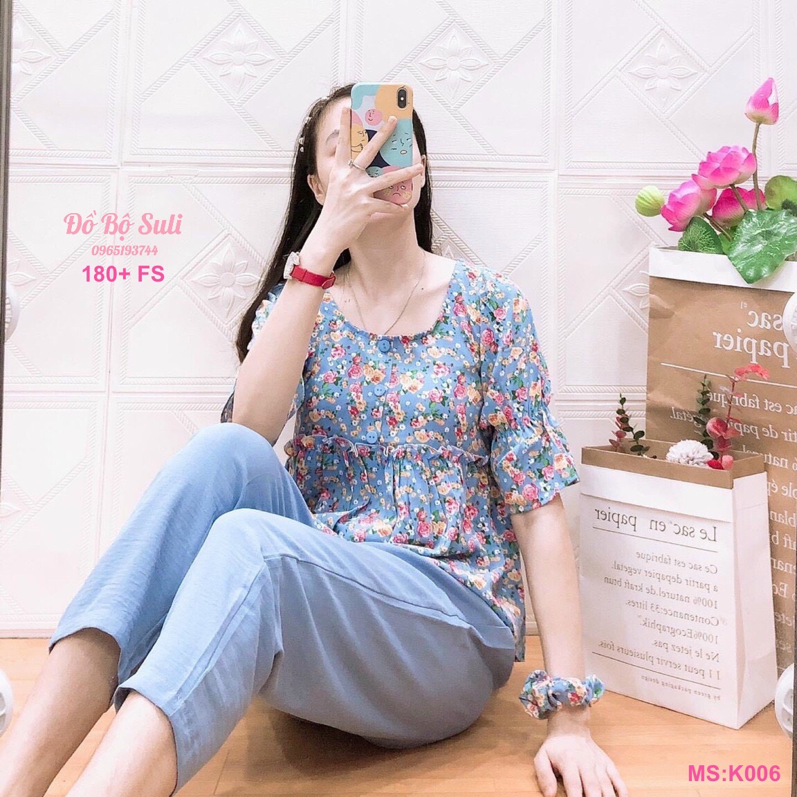 K006 Bộ 9 tấc áo lụa bông quần đũi kèm cột tóc 40-57kg