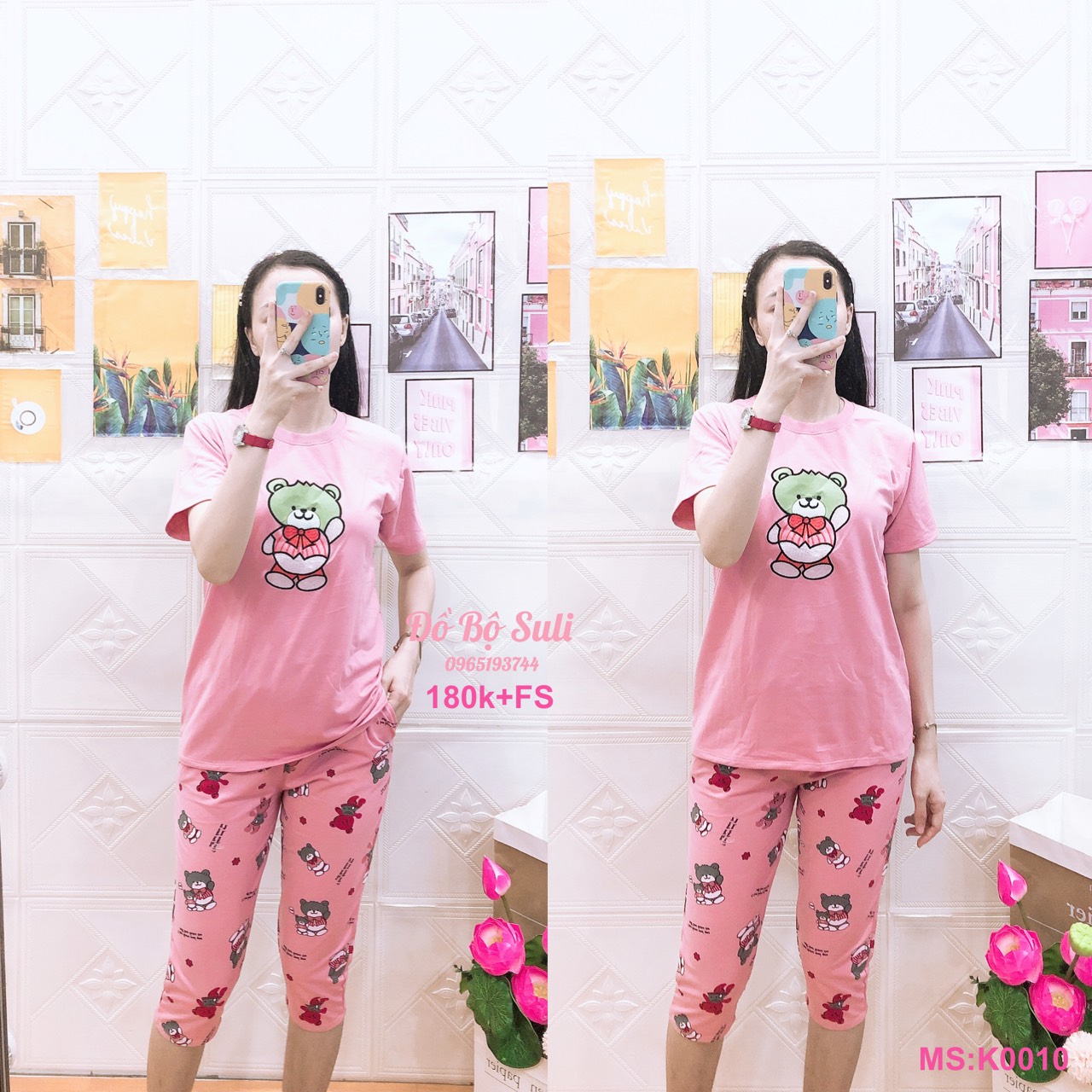 K010 Bộ lửng thun cùng màu in hình gấu và mèo 40-60kg