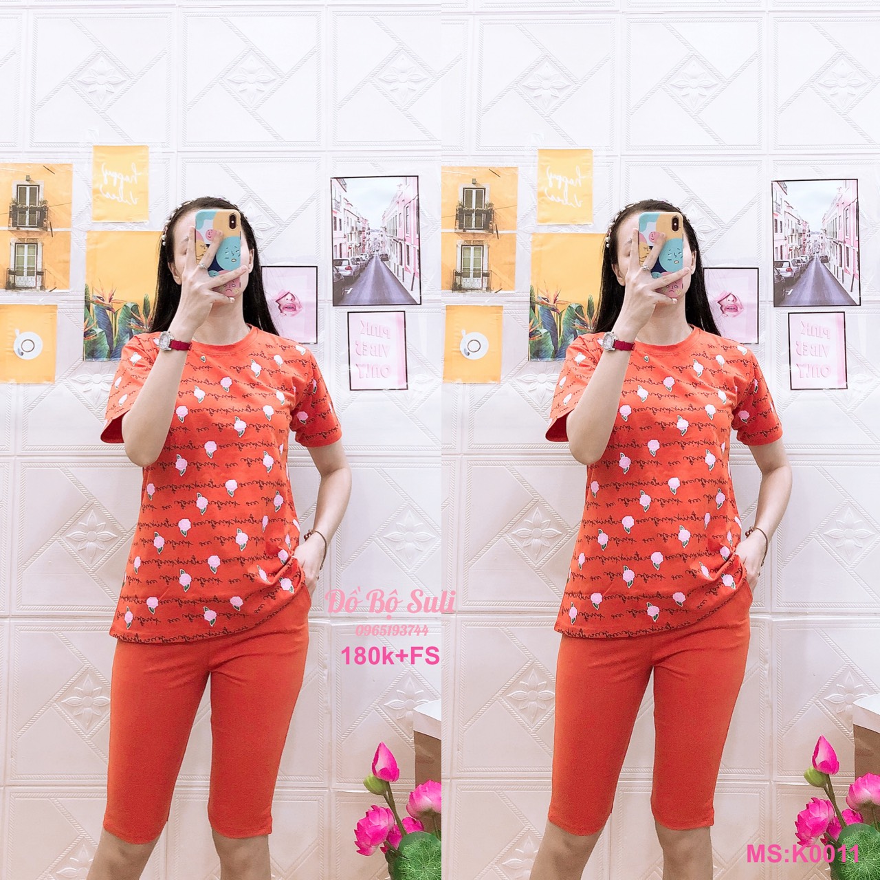 K011 Bộ lửng thun cotton 1 màu in hoa hồng 40-60kg