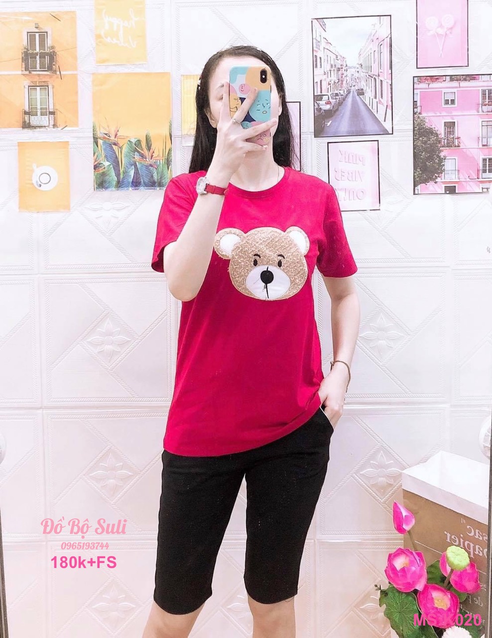 K020 Bộ lửng cotton quần đen in gấu và trái dâu 40-60kg