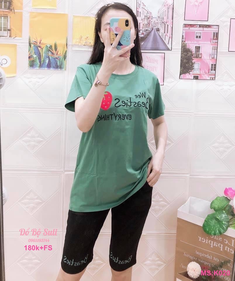 K020 Bộ lửng cotton quần đen in gấu và trái dâu 40-60kg