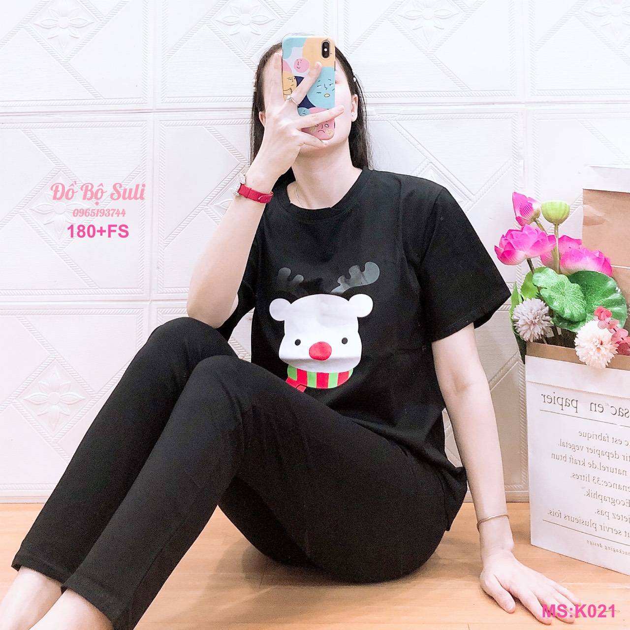 K021 Bộ dài cotton màu hình con nai 40-62kg