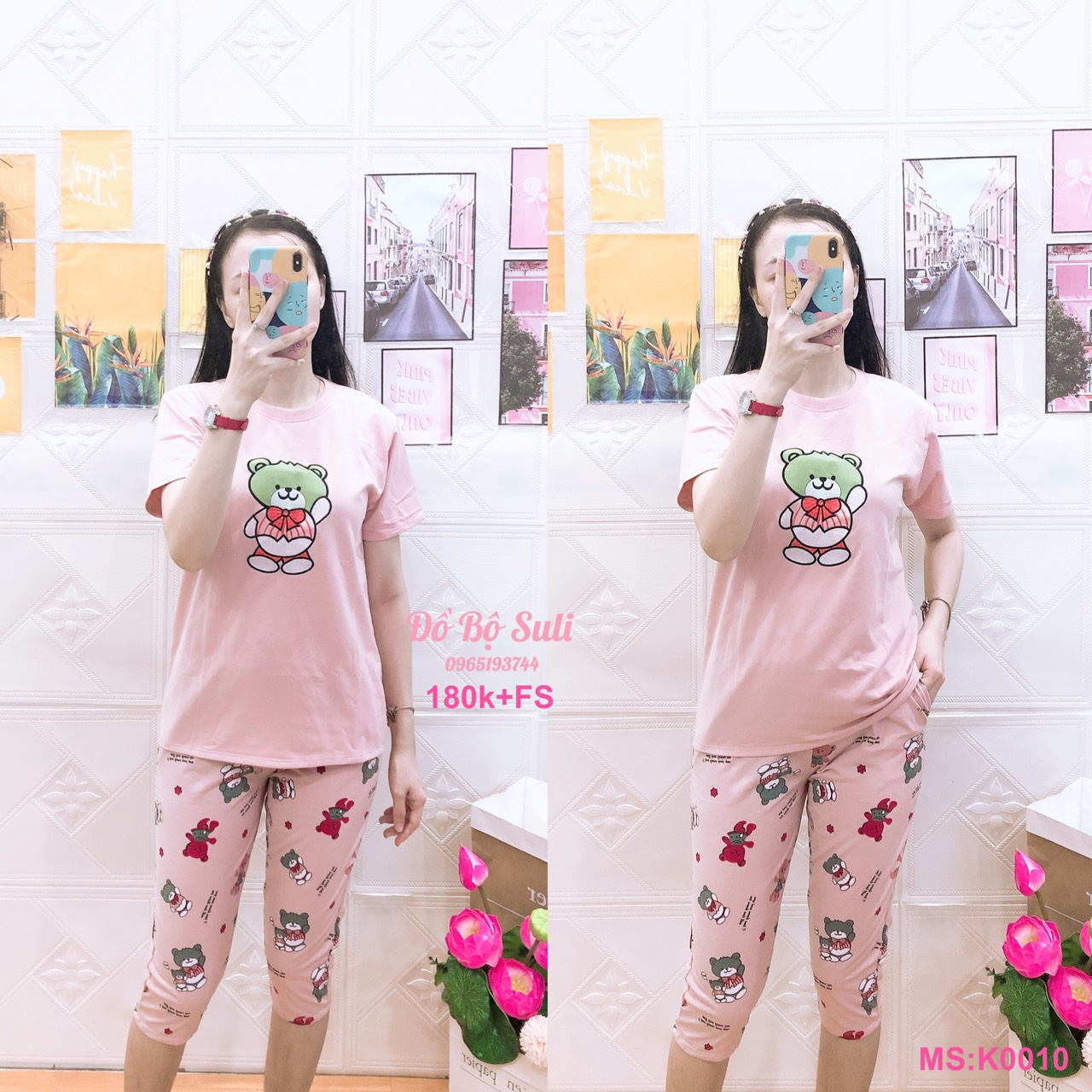 K010 Bộ lửng thun cùng màu in hình gấu và mèo 40-60kg