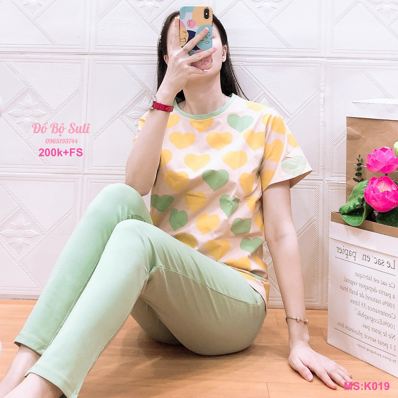 K019 Bộ dài thun cotton hình trái tim 40-60kg