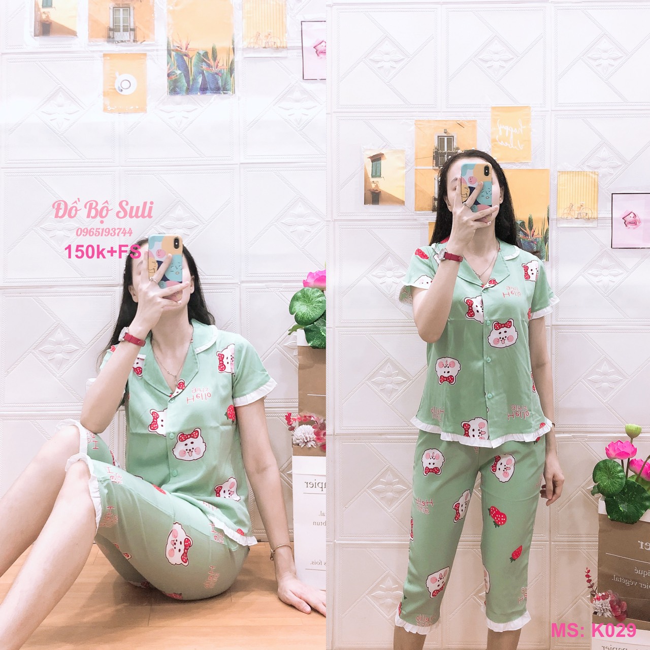 K029 Bộ lửng lụa pijama size nhỏ hình thỏ 40-54kg