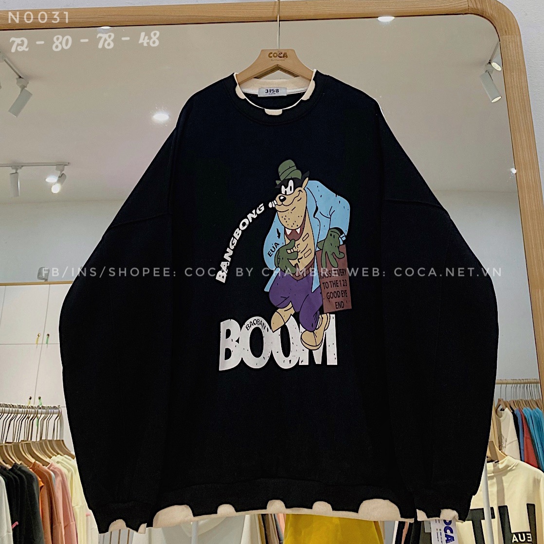 Áo SWE nỉ bông phối vạt rách in hình BOOM fom rộng