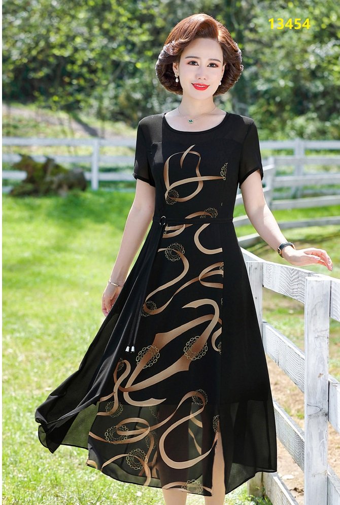 13454-Đầm voan xòe tay ngắn in họa tiết cách điệu_thumbnail_0