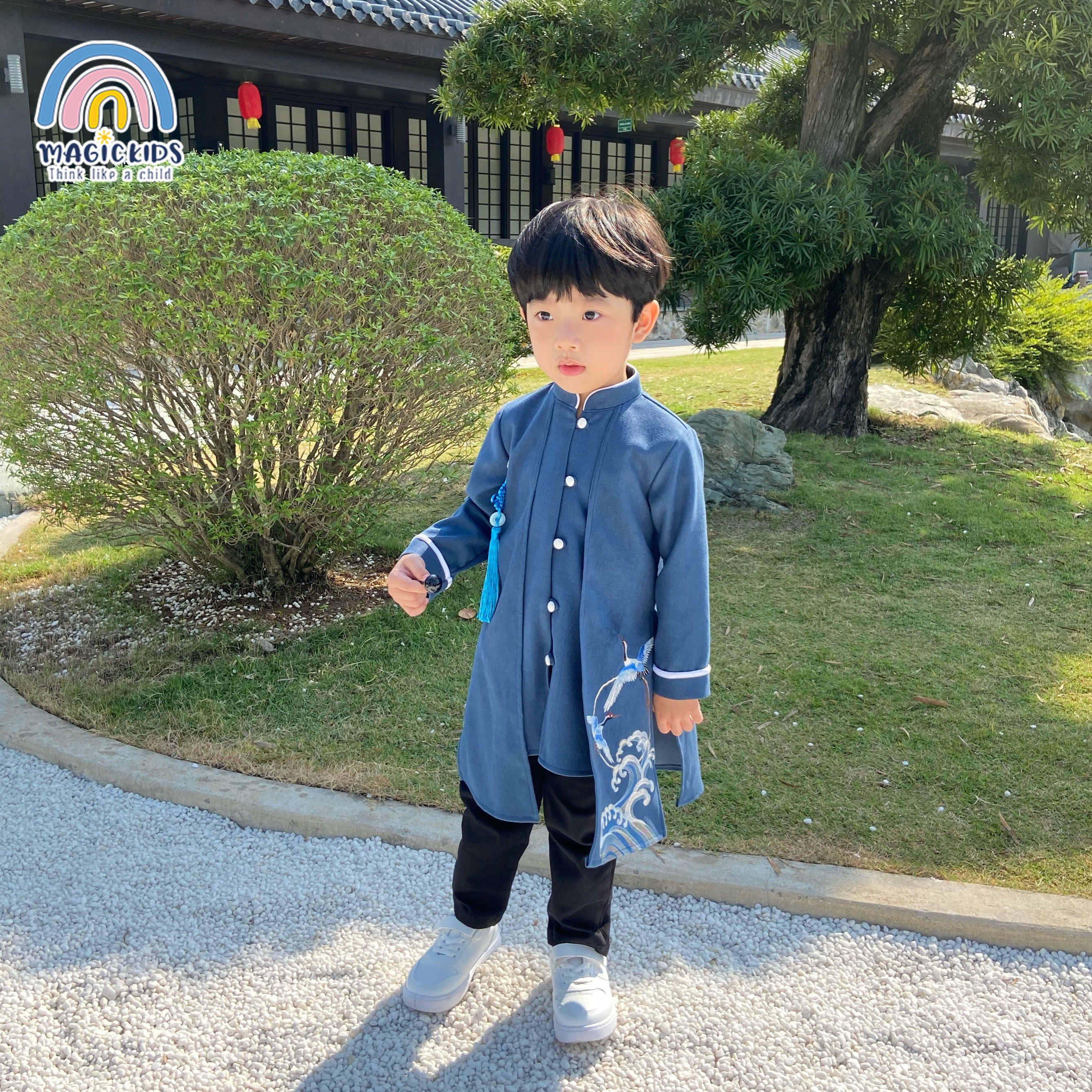 Áo dài Tết cho bé trai mẫu mới 2024 dáng cách tân cổ tàu thêu hạc size lớn từ 12-34kg Magickids Quần áo trẻ em AO21023