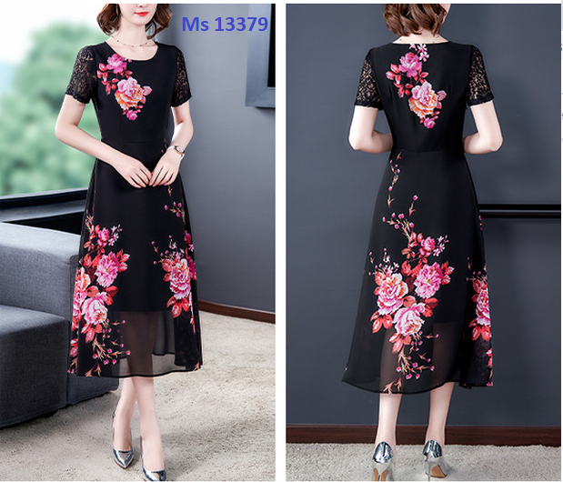 13379-Đầm xòe phối tay ren ngắn  in họa tiết hoa hồng ( voan co lót)_thumbnail_0
