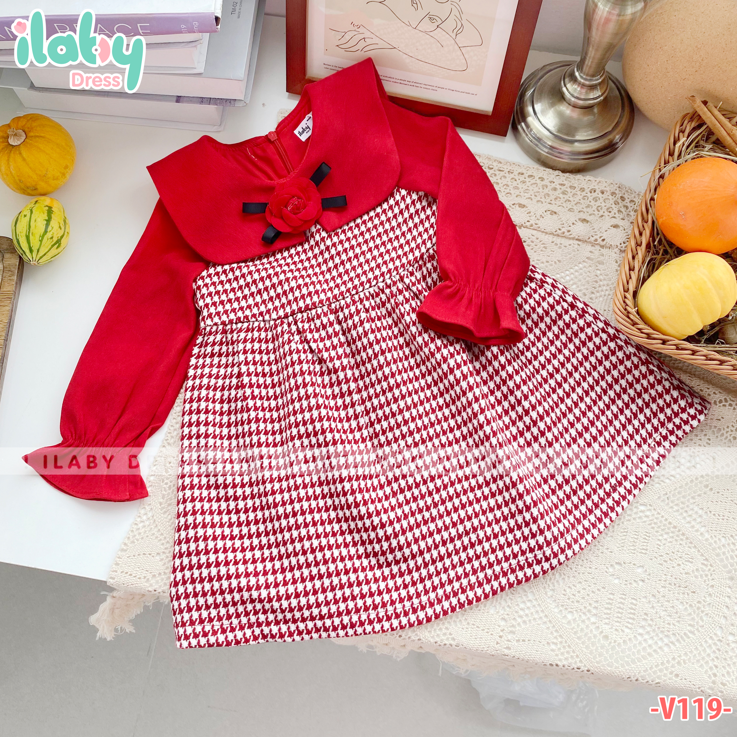 váy nhung đỏ phối dạ kẻ cài hoa_thumbnail_4