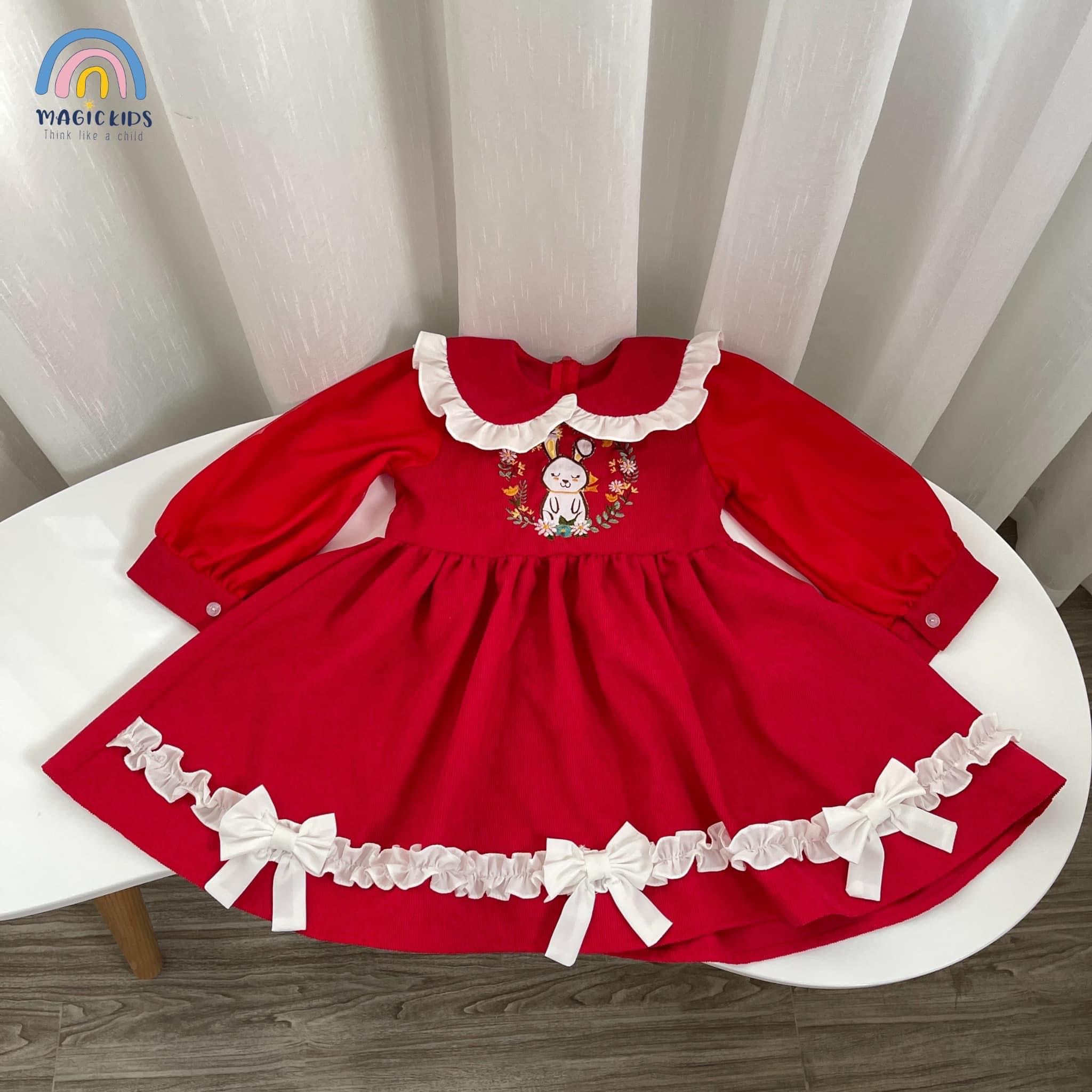 Váy bé gái 2 3 4 5 6 7 tuổi Magickids thu đông tay dài dáng xòe thêu thỏ dễ thương cổ thủy thủ chất nhung tăm VA22006_thumbnail_3