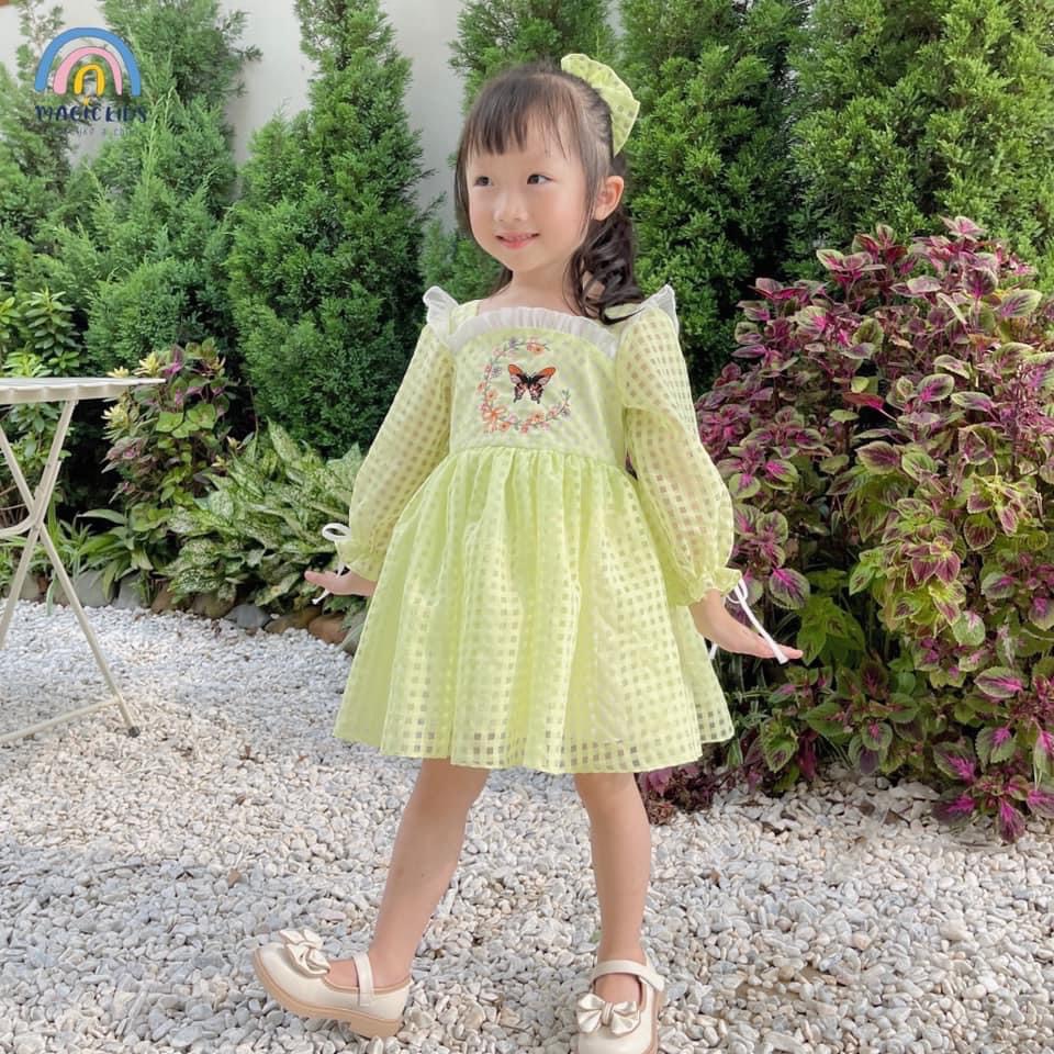 Váy đầm công chúa bé gái 1 2 3 4 5 6 7 tuổi Magickids dáng xòe tay bồng chất liệu ren cao cấp thêu hồ điệp VA22004
