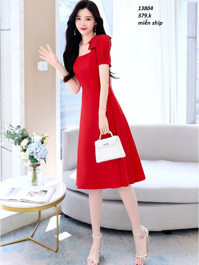 13804-Đầm xòe cổ vuông vai kết nơ( kate thun, lót)FREESHIP_thumbnail_1