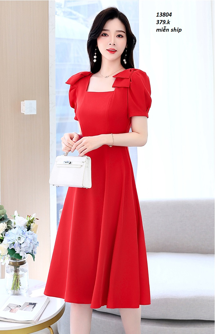 13804-Đầm xòe cổ vuông vai kết nơ( kate thun, lót)FREESHIP_thumbnail_0