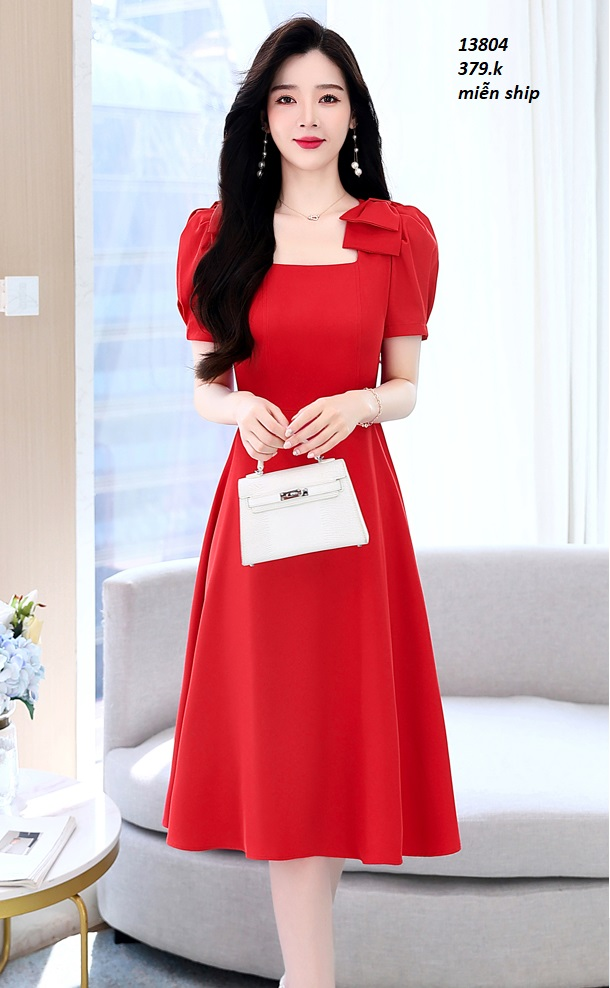 13804-Đầm xòe cổ vuông vai kết nơ( kate thun, lót)FREESHIP_thumbnail_2