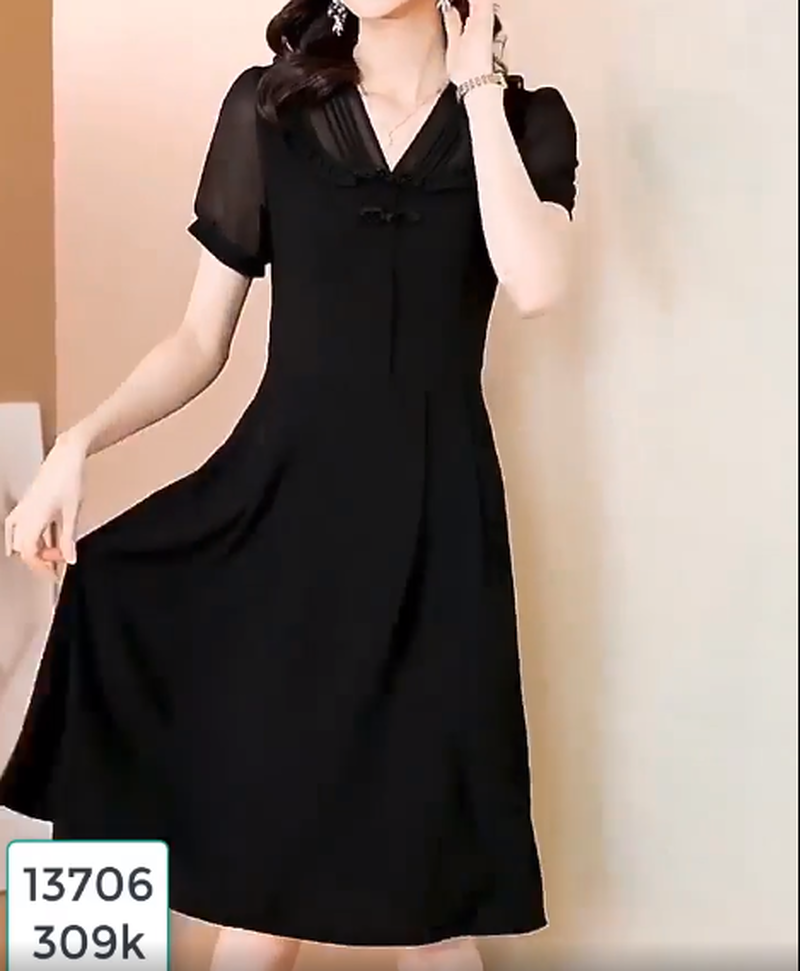 13706-Đầm voan xòe tay ngắn cổ V cách điệu( thun cát, tay voan )_thumbnail_0