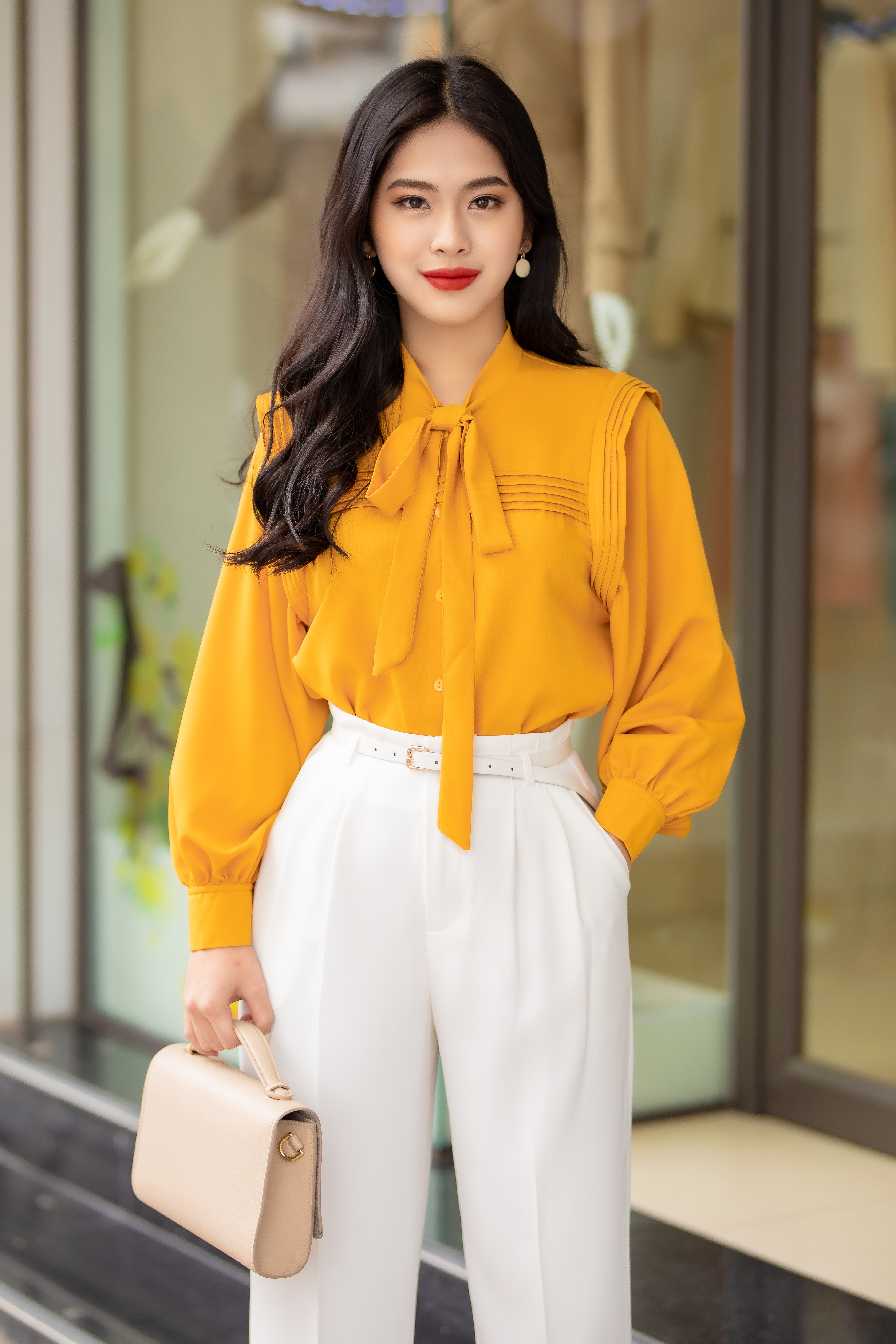 Áo sơ mi xếp ly cổ nơ màu vàng - Lena Shirt