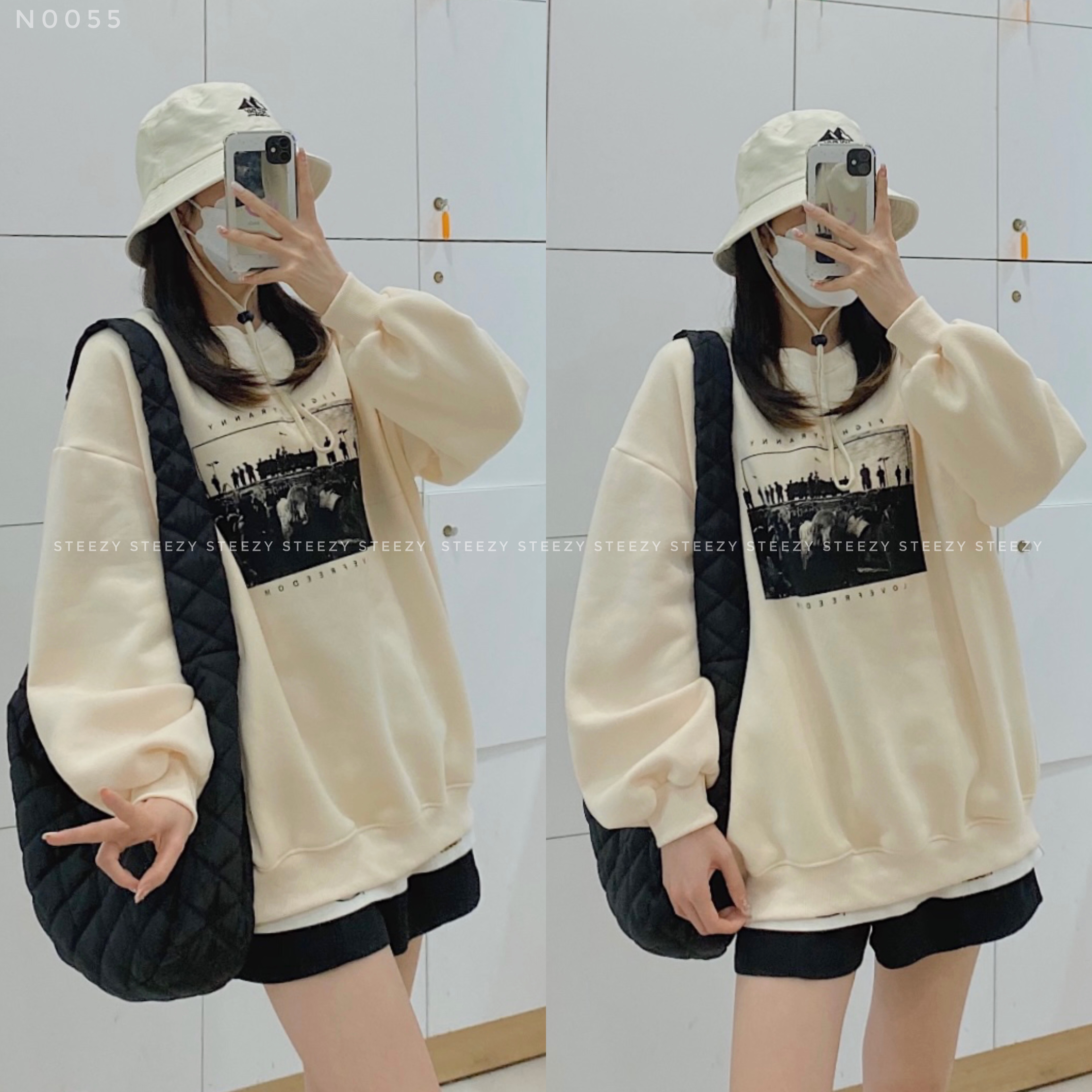 Áo sweater nỉ bông cổ tròn in hình FIGHTTYRANNY form rộng