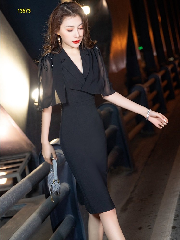 13573-Đầm body tay voan  cách điệu cổ đắp chéo (thun, voan,khóa sau)_thumbnail_0