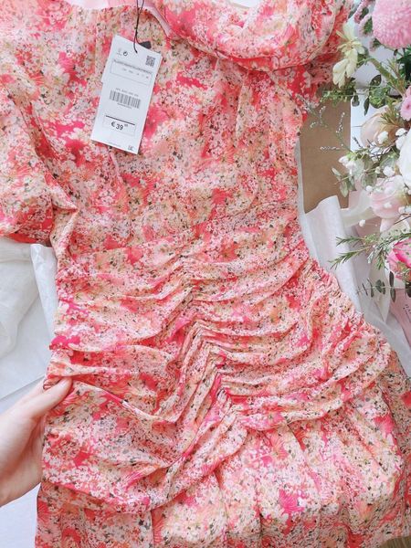 Đầm xòe hoa nhí hồng nhúm eo VD008