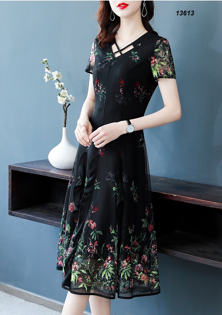 13613-Đầm voan in hoa cổ chéo dây cách điệu ( voan in, lót, khóa  hông)FREESHIP_thumbnail_2