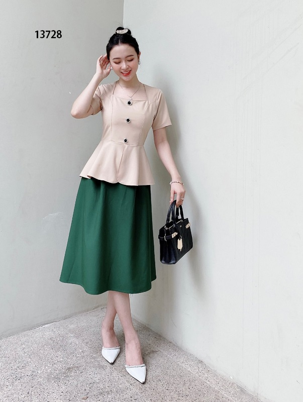 13728-SET ÁO KEM PHỐI VÁY XANH THANH LỊCH(cotton lạnh)FREESHIP_thumbnail_0