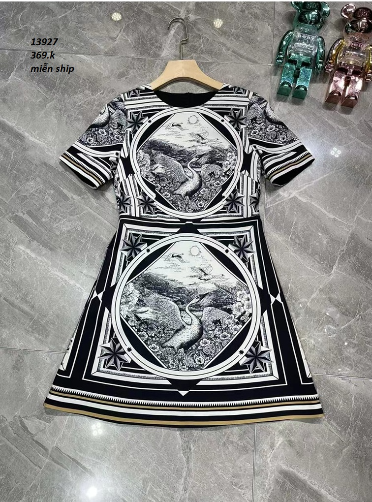 13927-Đầm suông  in họa tiết chim hạc 3D đen (lụa  frod, có lót)FREESHIP_thumbnail_0