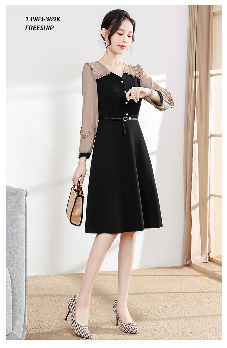 13963-Đầm xòe  phối  tay  voan dài cổ tim cách điệu (thun , tơ ánh nhung)FREESHIP_thumbnail_2