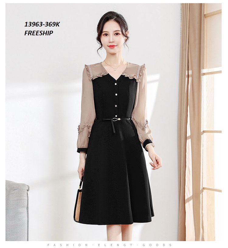 13963-Đầm xòe  phối  tay  voan dài cổ tim cách điệu (thun , tơ ánh nhung)FREESHIP_thumbnail_1