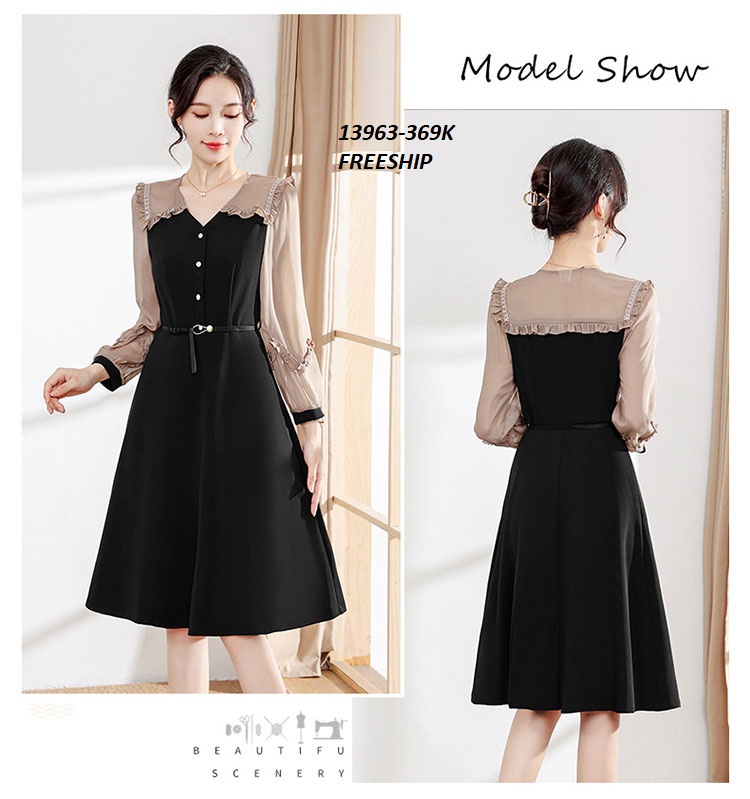 13963-Đầm xòe  phối  tay  voan dài cổ tim cách điệu (thun , tơ ánh nhung)FREESHIP_thumbnail_0