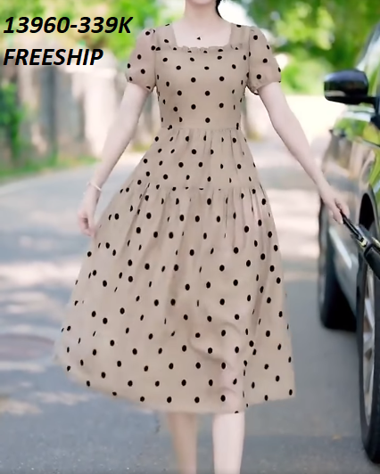 13960-Đầm xòe cổ  vuông họa tiết chấm bi (lụa bi)_thumbnail_4