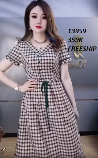 13959-Đầm xòe sọc caro cổ bẻ cách điệu eo thắt nơ (lụa mango)FREESHIP_thumbnail_0
