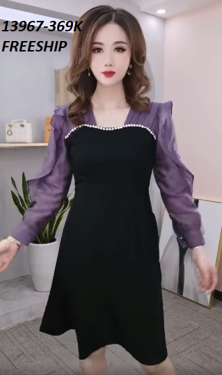 13967-Đầm xòe  phối tay bèo dài cổ kết hạt ( thun mịn, lụa ánh nhung)FREESHIP_thumbnail_0
