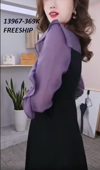 13967-Đầm xòe  phối tay bèo dài cổ kết hạt ( thun mịn, lụa ánh nhung)FREESHIP_thumbnail_1