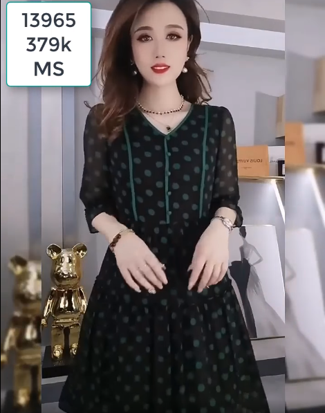 13965-Đầm xòe  chấm bi xanh tay lở  ( voan in, lót thun)FREESHIP_thumbnail_0