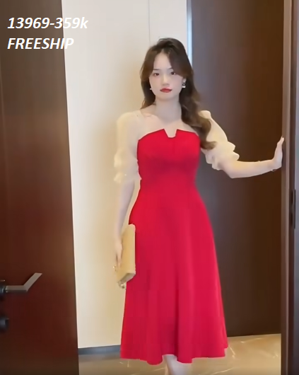 13969-Đầm xòe phối  tay  voan ngắn phồng  ( voan lưới, thun)FREESHIP_thumbnail_0