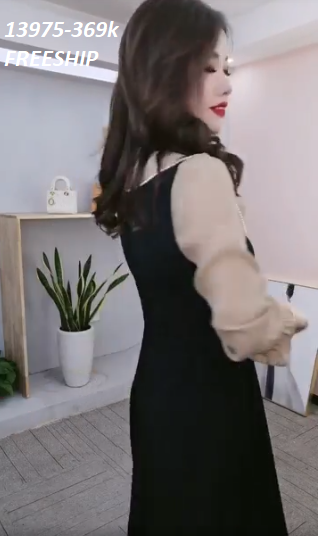 13975-Đầm xòe phối tay bèo cổ nơ kết  nút ( thun mịn , tơ ánh kim)FREESHIP_thumbnail_2