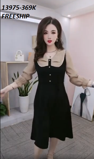 13975-Đầm xòe phối tay bèo cổ nơ kết  nút ( thun mịn , tơ ánh kim)FREESHIP_thumbnail_1