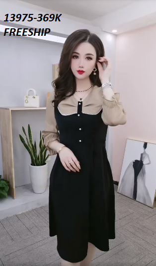 13975-Đầm xòe phối tay bèo cổ nơ kết  nút ( thun mịn , tơ ánh kim)FREESHIP_thumbnail_0
