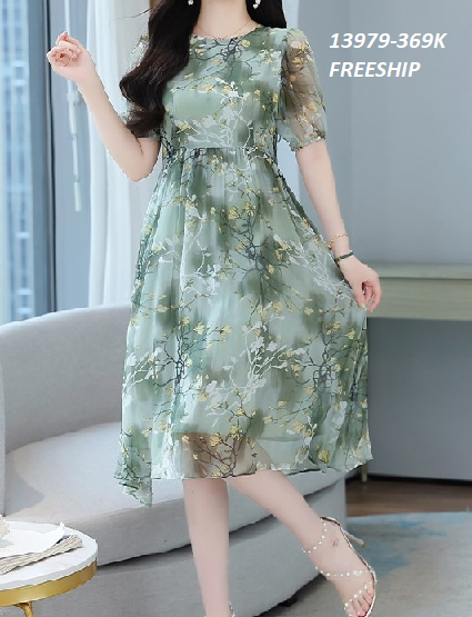 13979-Đầm voan xanh  xòe tay phồng in họa tiết (voan, lót)FREESHIP_thumbnail_0