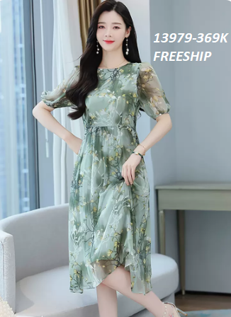 13979-Đầm voan xanh  xòe tay phồng in họa tiết (voan, lót)FREESHIP_thumbnail_3