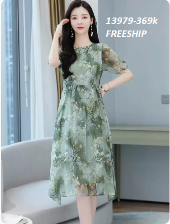 13979-Đầm voan xanh  xòe tay phồng in họa tiết (voan, lót)FREESHIP_thumbnail_2