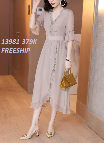 13981-Đầm xòe tay loe viền bèo tà đắp chéo (voan kem + lót thun)FREESHIP_thumbnail_0