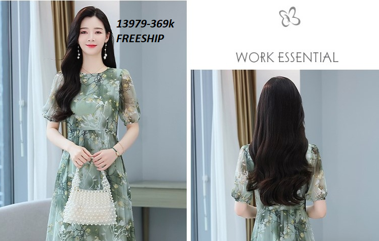 13979-Đầm voan xanh  xòe tay phồng in họa tiết (voan, lót)FREESHIP_thumbnail_1